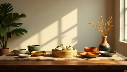 Serene Table Setting with Steamed Buns, Earthenware Bowls, and Dried Flowers in Sunlight