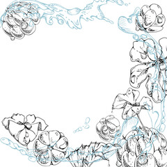 Cloudberry raspberry flying in wave water splashes with drops, hand drawn vector ink, ripe line forest berry and leaves. Square frame illustration for restaurant, cafe menu, wedding, farmers market