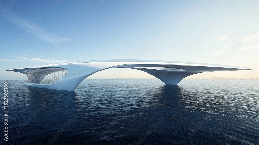 Poster a futuristic bridge with a sleek, modern design floating over a vast sea.