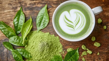 Obraz premium Matcha green tea organic antioxidant. Matcha latte with green tea leaves and powder on a wooden surface.