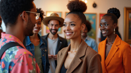 Group of joyful young people engaging in conversation at a vibrant art gallery