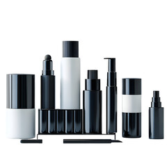 Obraz premium Minimalist beauty product bottles in glossy black and white , Cosmetic Product Design