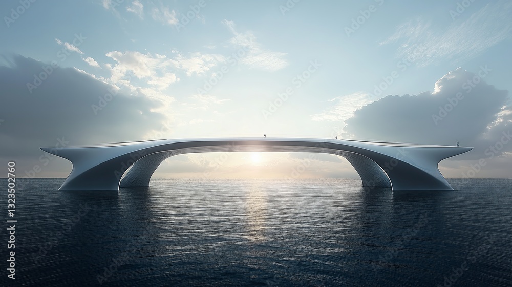Poster a futuristic bridge with a sleek, modern design floating over a vast sea.