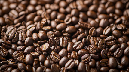 Obraz premium Roasted Coffee Beans Close Up Displaying Brown Color and Texture on a Macro Background