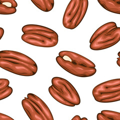 Nuts seamless pattern. Pecan background. Organic food concept. Nuts pattern for fabric, packaging, coffee and bakery shops. Hand Drawn illustration