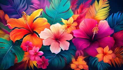 Lush Tropical Hibiscus Garden. Dense flowers & monstera leaves. Blurred gradient effect. Vibrant & exotic floral backdrop