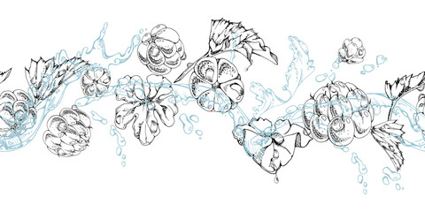 Cloudberry raspberry flying in water splashes with drops, hand drawn vector ink, ripe line forest berry and leaves. Seamless banner illustration for restaurant, cafe menu, wedding, farmers market