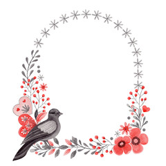 Arch wreath with dove and flower in folk style. Stylized illustration in red and gray colors for wedding invitation creating. Hand drawn composition is perfect for romantic and love card design.