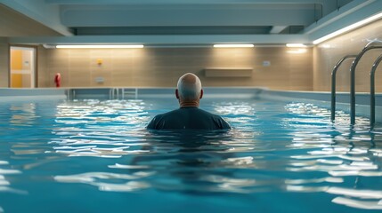 Man Swimming in Indoor Pool with Calm Water Reflections