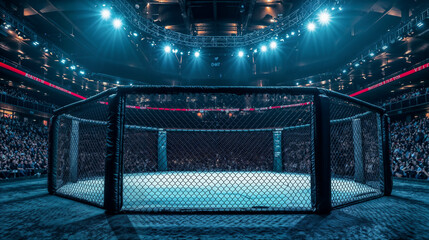 A great mixed martial arts sports show. The stadium is full of people waiting for the fight to start.