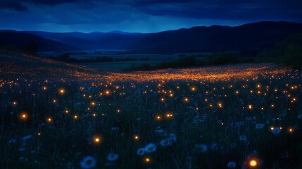 A field of glowing fireflies under a deep indigo sky.
