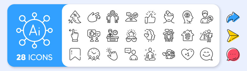Voting campaign, Meeting time and Search people line icons. Interest rate, AI generate, Inflation icons. Pack of Touchscreen gesture, Yoga, Cursor icon. Vector