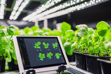 Smart farming concept, close-up of hydroponic plants monitored by a digital tablet displaying growth data