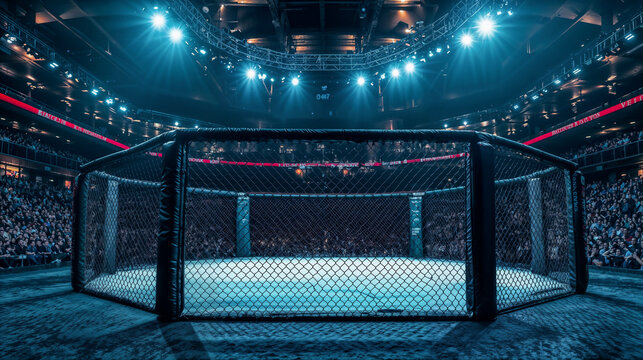 A great mixed martial arts sports show. The stadium is full of people waiting for the fight to start.