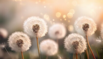Delicate Dandelions Vintage Haze. Soft dandelions on bright blurred backdrop. Subtle vintage effect. Gentle & dreamy floral