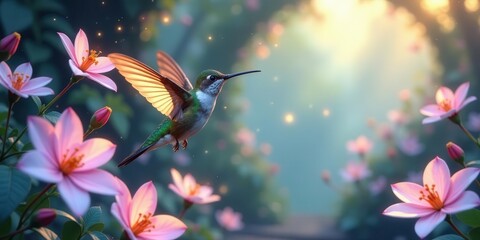 A Hummingbird in Flight Amongst Delicate Pink Blossoms, Bathed in the Warm Glow of Sunrise, Creating a Serene and Magical Atmosphere