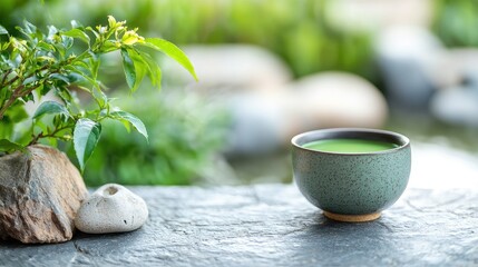Matcha green tea ceremony whisk. A serene green tea cup beside a plant, set in a tranquil outdoor environment.