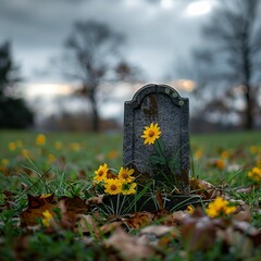 Vibrant Sunflowers Beside a Historic Gravestone in Soft Light