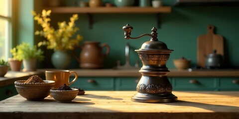 Morning sunlight illuminates antique coffee grinder and bowls of ground coffee beans on rustic wooden kitchen counter