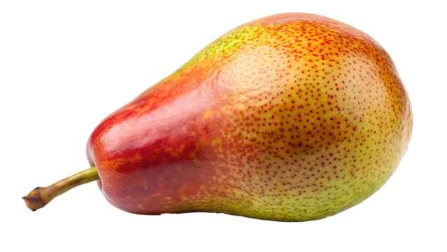 Ripe Red and Green Pear Isolated on White Background - Close-up of a fresh, ripe pear with a red and green gradient skin, isolated on a white background. 