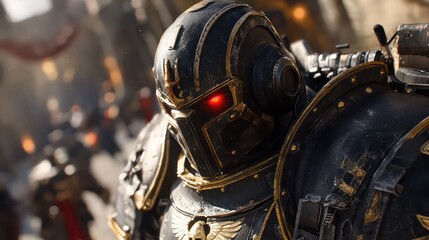 Fototapeta premium A battle-ready soldier in heavy black and gold armor with glowing crimson eyes, standing with determination in a dystopian city engulfed in chaos