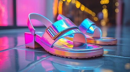 Vibrant, reflective sandals on a glossy floor with colorful lights in the background