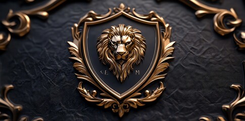 Majestic Gold Lion Crest: Regal Shield in Baroque Style