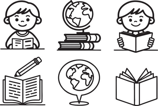 International children book day line art icons set. Outline of reading, book and pen, globe. Vector illustration design.