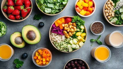 A colorful assortment of healthy take away dishes showcases various fresh ingredients. Salads, fruits, and drinks create a vibrant display, enticing anyone looking for nutritious options