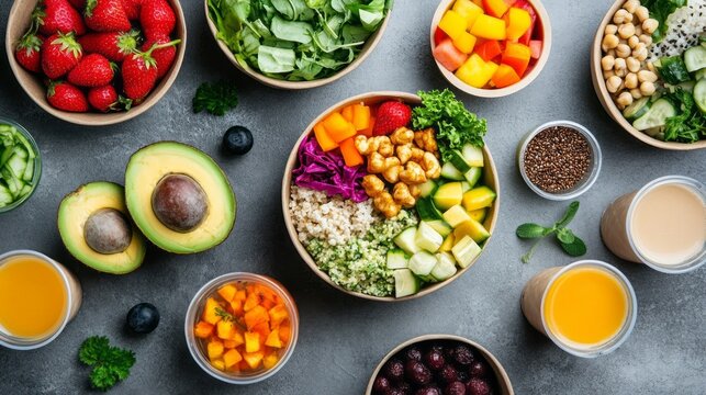 A colorful assortment of healthy take away dishes showcases various fresh ingredients. Salads, fruits, and drinks create a vibrant display, enticing anyone looking for nutritious options