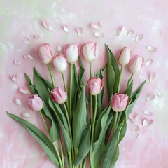 Obraz premium Delicate Pink Tulips on Soft Pastel Background with Petals