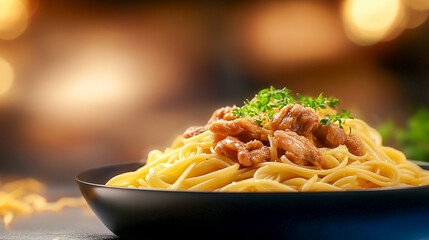 Pasta Linguine with Fried Chicken Liver – Top View – Gourmet Italian Cuisine and Comfort Food Concept