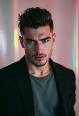 Obraz premium Mysterious man in black blazer looks at the camera confidently
