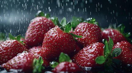 Fragole rosse, mature con foglioline verdi su sfondo scuro

