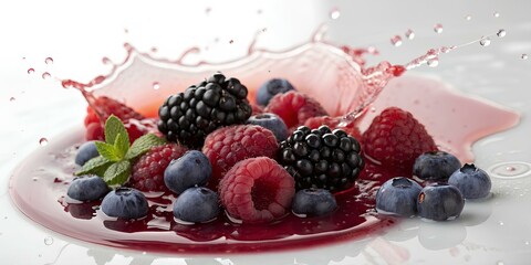 Mixed berries blueberries, raspberries, blackberries) in an elegant liquid splash, high-resolution detail, soft diffused lighting, deep and rich color palette