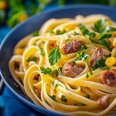 Pasta Linguine with Fried Chicken Liver – Top View – Gourmet Italian Cuisine and Comfort Food Concept