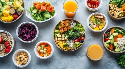 Colorful bowls filled with fresh vegetables, grains, and fruits are displayed alongside bright drinks. This healthy takeout spread emphasizes wellness and convenience, perfect for any meal
