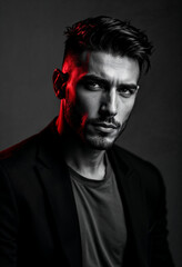 Black and white portrait of man with neon light background