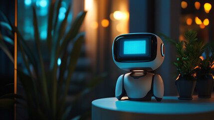 A friendly robot with a plant in the background surrounded by a modern home environment for enhanced surveillance