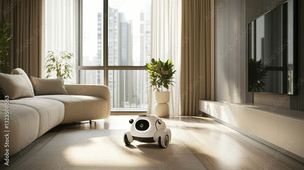 Aufkleber modern living room showcasing an ai-driven robotic pet walking assistant in a sleek design with styl
