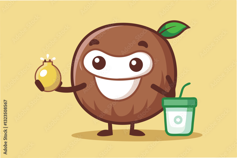 Poster Cheerful cartoon character holding a jar of juice surrounded by a light green background with a playful expression and friendly demeanor