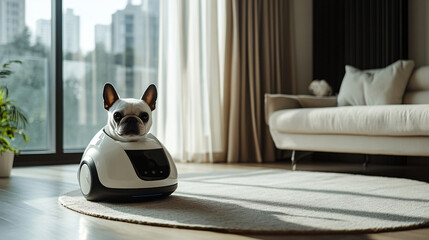Ai-driven robotic pet walking assistant in a sleek design while a dog sits comfortably on a rug in a cozy room
