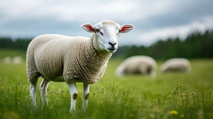 Obraz premium Sheep grazing in lush meadow nature scene outdoor close-up tranquil setting