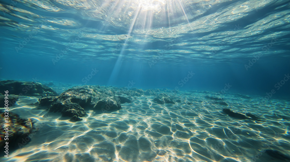 Poster a crystal-clear underwater scene with sunlight filtering through
