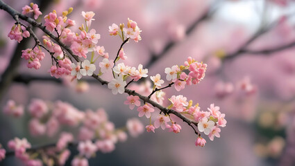 Blooming cherry blossom tree, featuring clusters of soft pink flowers