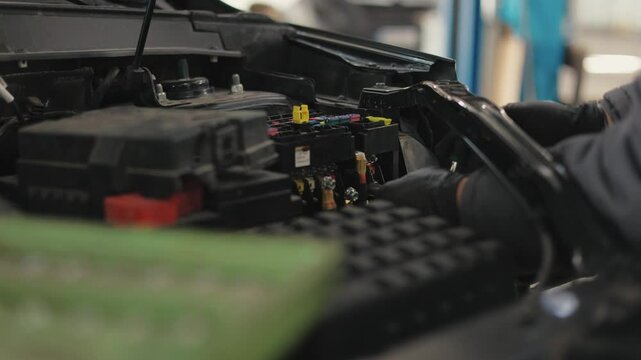 
Automotive electrician - automobile service diagnostics, checking electro fuse relay in car, small business.Car engine repair electrician, open hood.