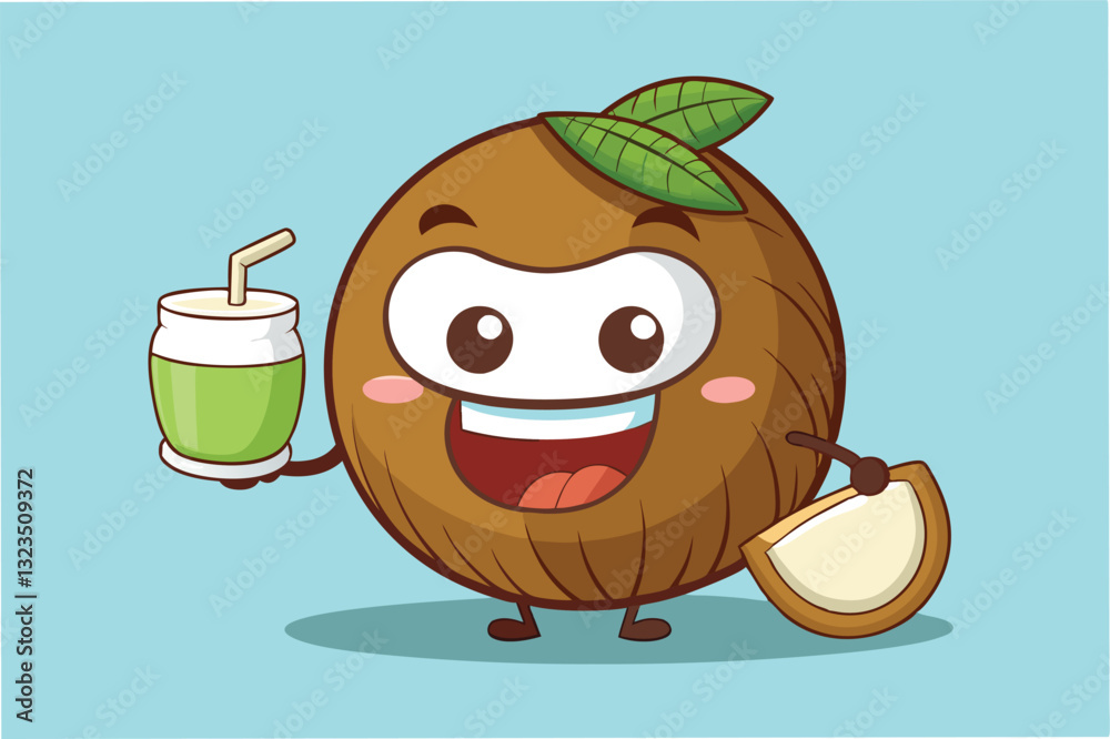 Poster Cheerful cartoon character holding a jar of juice surrounded by a light green background with a playful expression and friendly demeanor