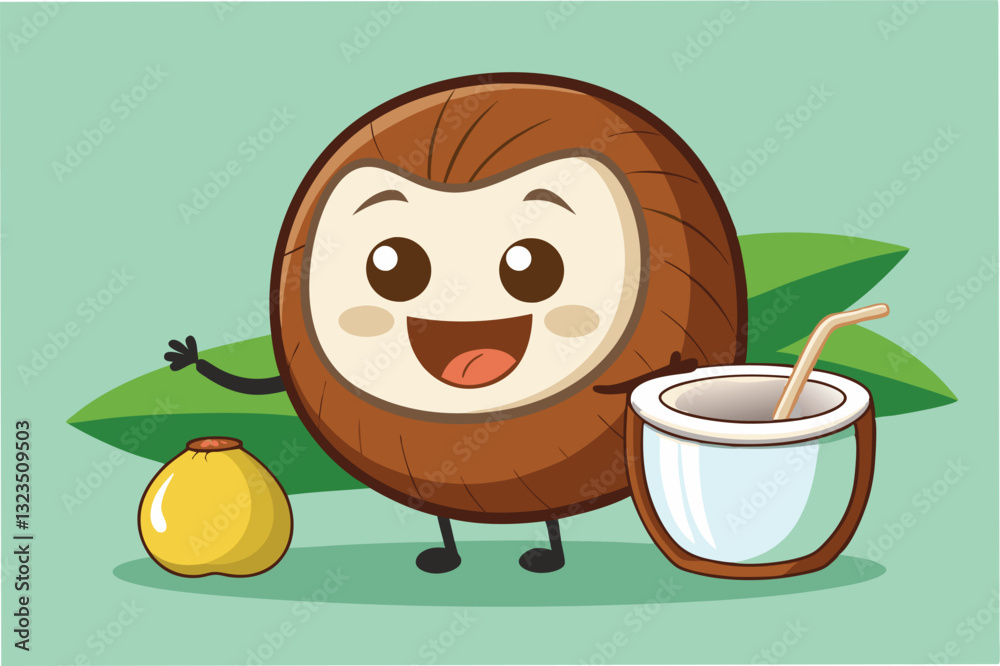 Poster Cheerful cartoon character holding a jar of juice surrounded by a light green background with a playful expression and friendly demeanor