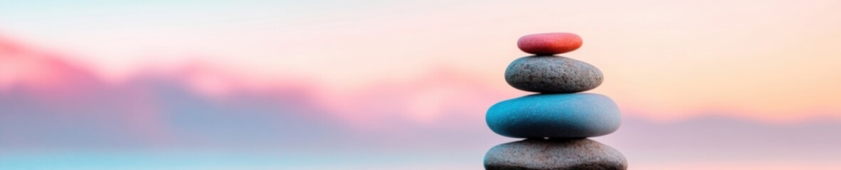 Mindful Zen Wellness Holistic Meditation Balancing Stones in Pastel Sunset - Tranquil Mindfulness Tech and Digital Lifestyle Imagery for Stress Reduction