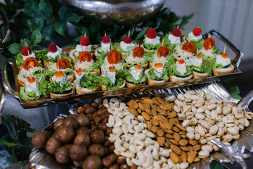 Elegant appetizer platter with mini sandwiches and nuts.
